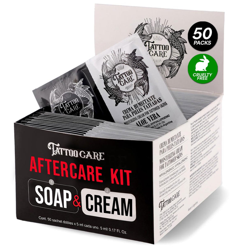 [Australia] - Tattoo Aftercare Kit - Cream and Soap (50-Pack), Brightening Formula for Tattoo Artists & Travel - Ink Hydration Tattoo Lotion Pillow Packs 