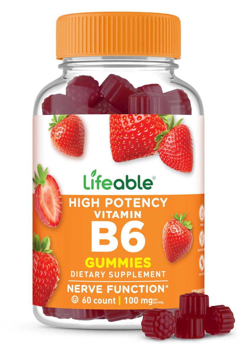 Lifeable Vitamin B6 Gummies for Women and Men, High Potency 100 mg, 60 Ct | Supports Healthy Nerve Function and Metabolism - Kosher and Halal Certified, Lab Tested, Strawberry Pectin Gummy, No Gelatin 60 Count (Pack of 1)