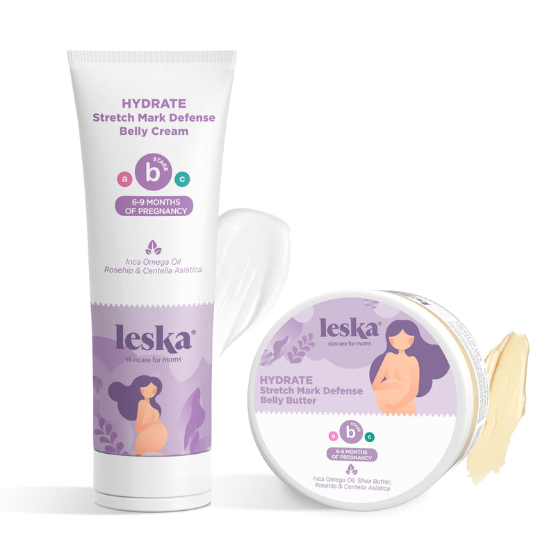 [Australia] - Leska Maternity Cream 2-Pack | STAGE B: HYDRATE Stretch Mark Defense Belly Cream & Butter (Pregnancy Months 6-9) | Part of a Complete 3 Part Pregnancy Skin Care System (4-4.93oz) 4-6 Months, Belly Butter & Cream 2-Pack 