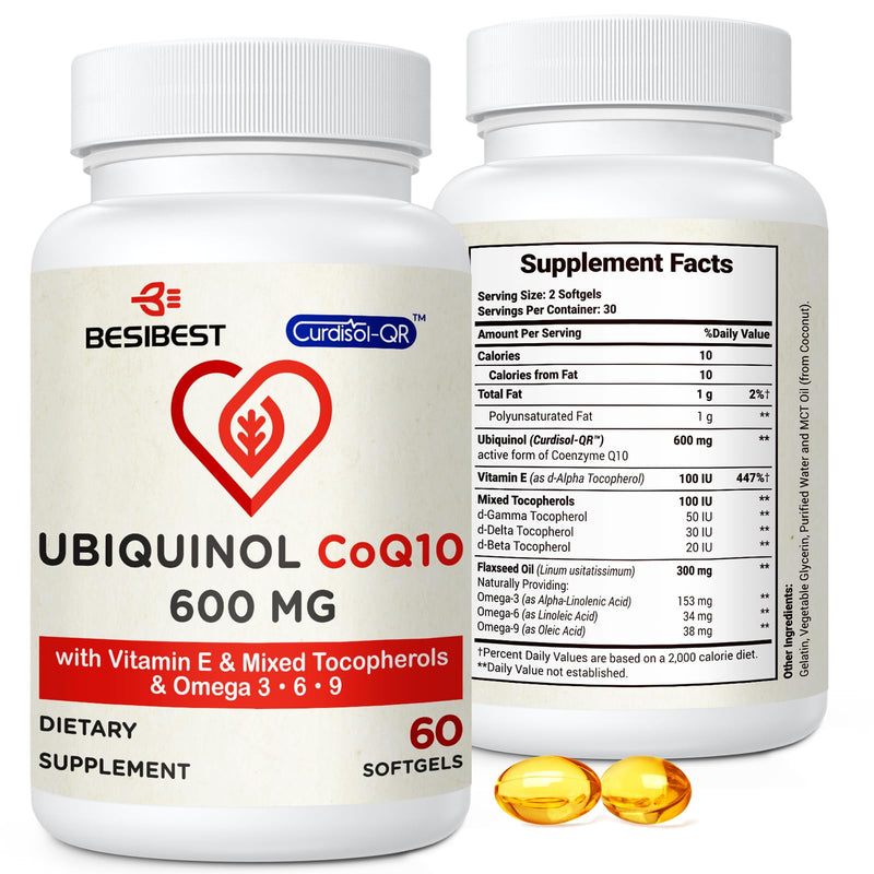 [Australia] - Ubiquinol CoQ10-600mg-Softgel, Active Coq10 Ubiquinol Supplement with Vitamin E & Omega 3, 6, 9, High Absorption-Coenzyme-Q10, Powerful Antioxidant for Energy Production, Tested, 60 Count 60 Count (Pack of 1) 