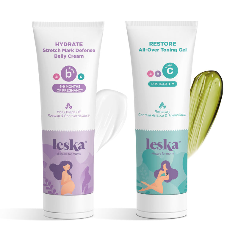 [Australia] - Leska Maternity Stages B & C Set | HYDRATE Belly Cream & RESTORE All-Over Toning Gel | Pregnant Moms Months 6-9 and Postpartum | Part of Complete 3-Part Maternity Skincare System (Set of 2, 4oz each) 4-9+ Months, Cream & Gel (2-Pack) 