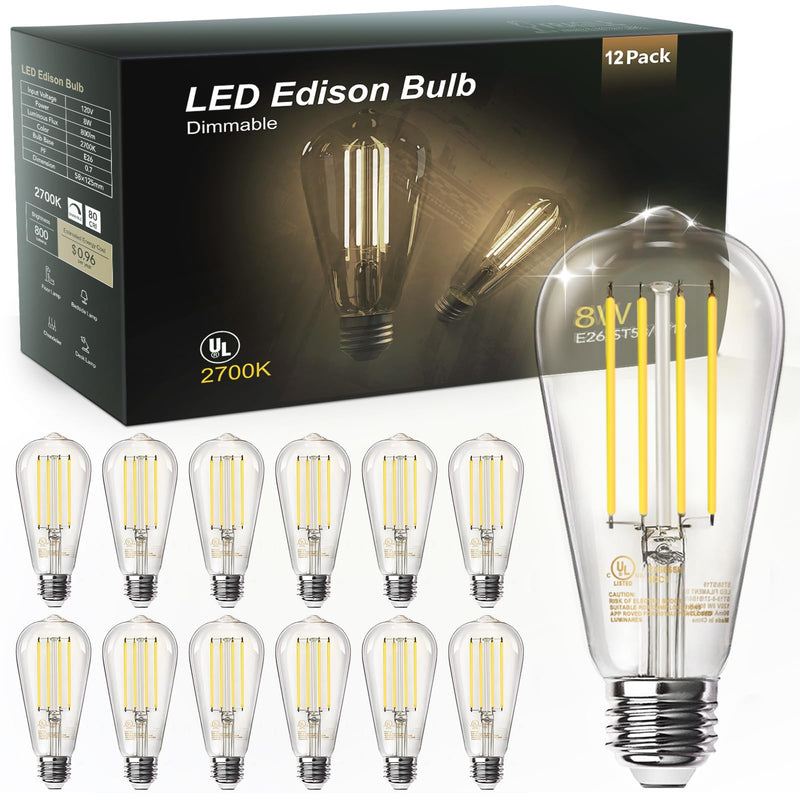 [Australia] - TJOY 12 Pack Vintage 8W ST58 LED Edison Light Bulbs 60W Equivalent, 800Lumens, 2700K Warm White, Dimmable, E26 Base LED Filament Bulbs, CRI80+, Antique Glass Style for Home, Bedroom, Office, Farmhouse 