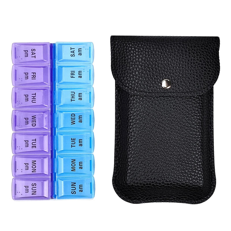 VOFOON Travel Pill Organizer 2 Times a Day, Large AM PM Pill Organizer 7 Day, PU Leather Daily Pill Box Case, Weekly Pill Medicine Organizer for Vitamins Medicine Fish Oils Supplements (L Size) Large 7 Days x 2 Compartments Black