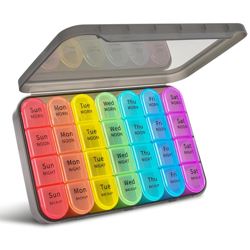 Greencycle Weekly Pill Organizer, 7 Day / 4 Times A Day Large Pill Cases Moisture-Proof Pill Box AM PM Medicine Organizer to Hold Vitamins Fish Oil Compartments Supplements (Rainbow)