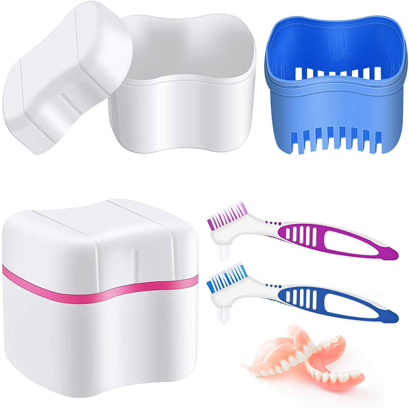 [Australia] - BTwood - Denture Bath Kit - Includes 2 Denture Bath Cups + 2 Denture Cleaner Brushes + 2 Strainer Baskets - Ideal for Dentures, Retainers & Mouthguards, 1.0 Fl Oz 