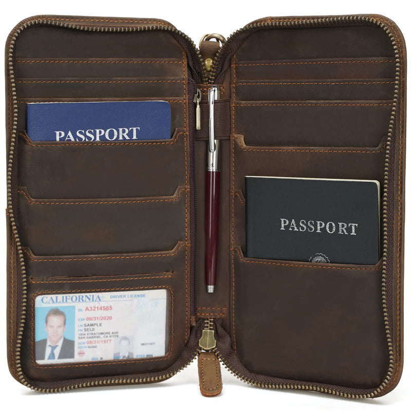 Polare Full Grain Leather Family Passport Holder Travel Wallet and Documents Organizer RFID Blocking Case Fits 6 Passports Dark Brown