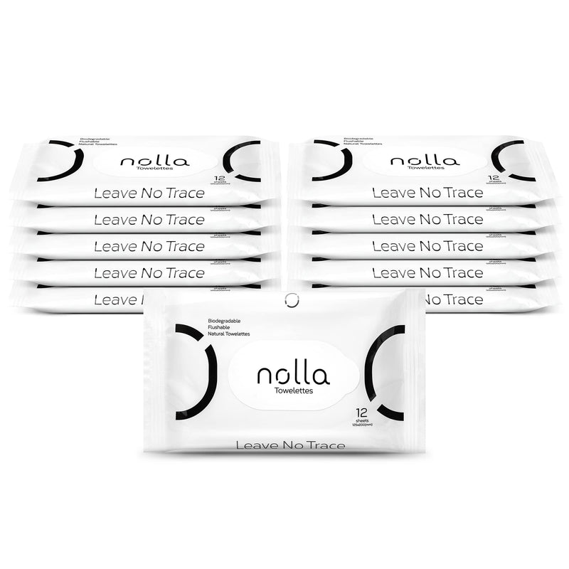 [Australia] - Nolla Flushable Wipes Travel Packs, 100% Plant-Based, Plastic-Free and Biodegradable - Unscented + Soothing Aloe and Vitamin E 120 Count (10 Packs of 12) 12 Count (Pack of 10) 