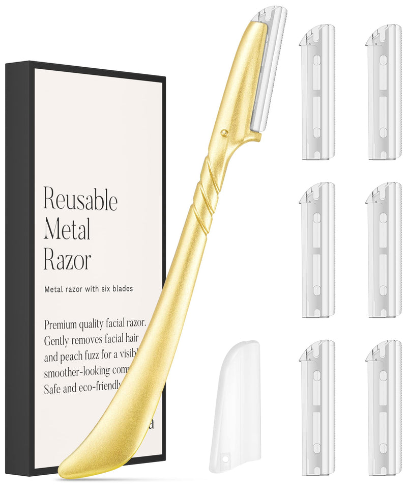 [Australia] - ennva Eyebrow Razor for Women - Eyebrow Trimmer Dermaplaning Tool- Ergonomic Eyebrow Shaper and Facial Razor for Peach Fuzz-Exfoliating Face Razor for Eyebrows-Eye Brow Shaver Razors w/ 7 Blades- Gold 