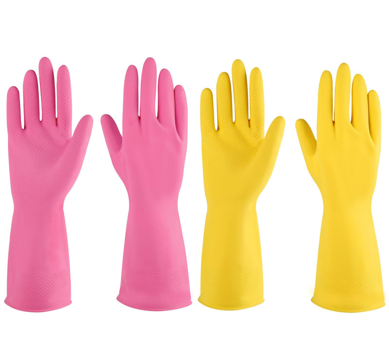 [Australia] - Rubber gloves dishwashing 2 or 4 Pairs for Kitchen,Cleaning gloves for household Reuseable. Small (Pack of 2) Pink+yellow 