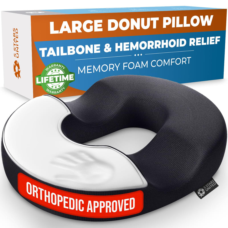 [Australia] - 5 STARS UNITED Donut Pillow Hemorrhoid Tailbone Cushion – Large Cushion for Pain Relief – Coccyx, Prostate, Sciatica, Pelvic Floor, Pressure Sores, Pregnancy, Postpartum Recovery, Black 