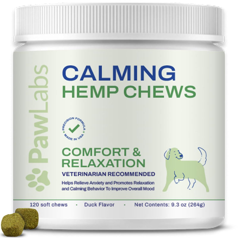 Calming Hemp Chews for Dogs - Relieve Anxiety & Stress - Organic Hemp, Chamomile, Protein Powder, Valerian Root - Natural Calming Aid - Vet Formulated, USA Made - Duck Flavor - 120 Count - PawsPlanet Australia
