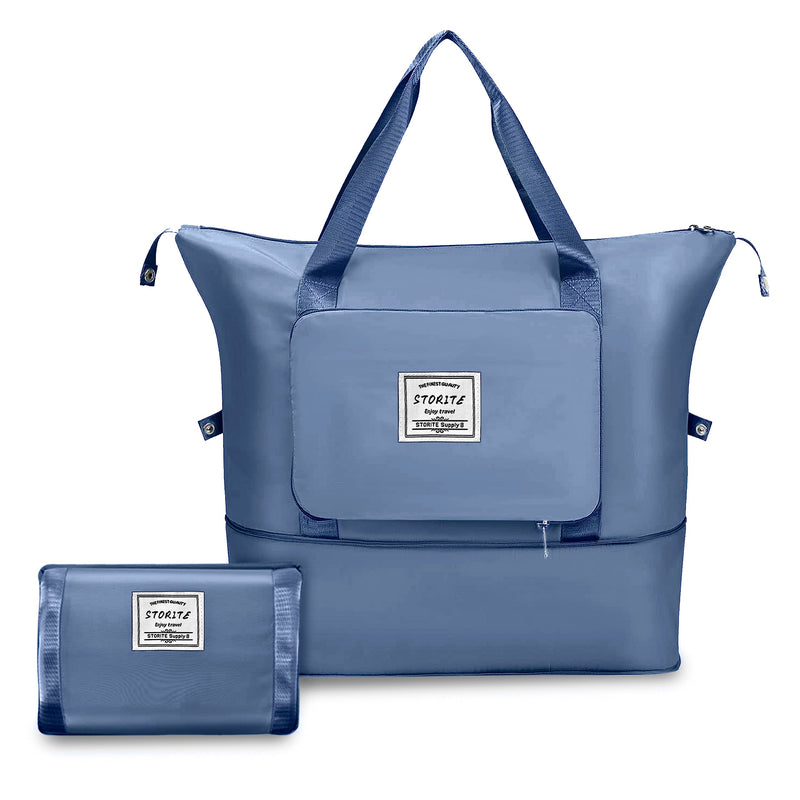 Storite Foldable Travel Duffle Bag, Blue, 40x23x30 cm | Water Resistant Nylon, Expandable Design, Lightweight, Spacious Storage, Travel, Gym, Shopping, Weekend Trips