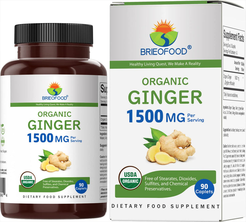 [Australia] - Brieofood Organic Ginger 1500mg, 45 Servings, Vegetarian, Gluten Free, 90 Vegetarian Tablets 