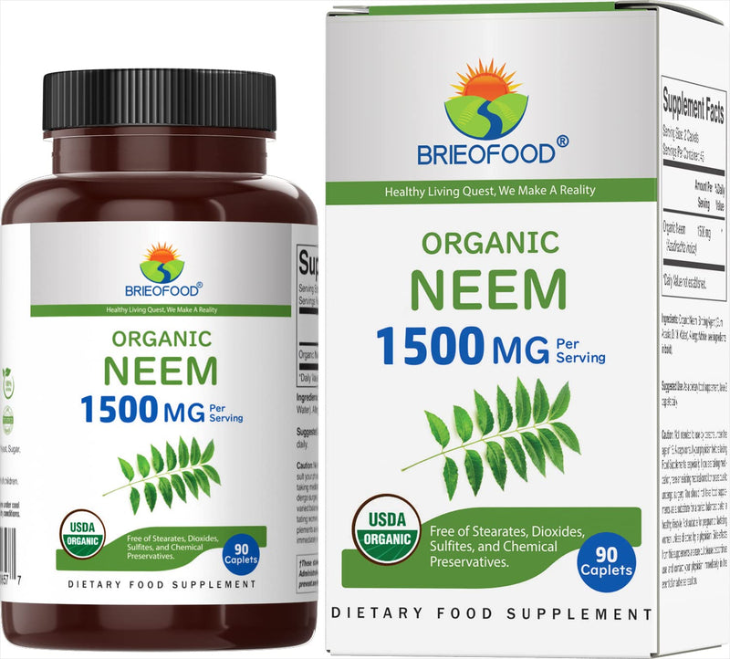 [Australia] - Brieofood Organic Neem 1500mg, 45 Servings, Vegetarian, Gluten Free, 90 Vegetarian Tablets 