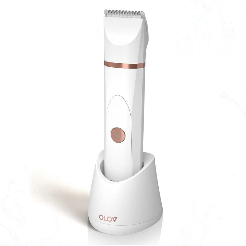 [Australia] - OLOV Electric Body Hair Trimmer - Groin Trimmer for Men - Bikini Trimmer Women - Wet/Dry Shaver Groomer, Replaceable Ceramic Blade Heads, USB Recharge Dock, Waterproof Hygiene Razor, White Rose Gold ＆ White 