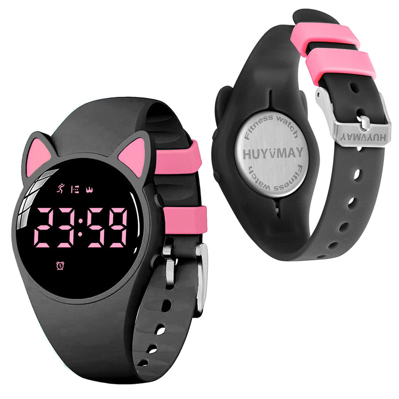 [Australia] - Kids Fitness Tracker Pedometer Watch No App/Bluetooth,20-Day Battery Life Rechargeable Watch, IP68 Waterproof Digital Watch for Girls Boys, Fitness Watch with Alarm Clock Step/Distance/Calorie Counter Black+Pink(LED display) 