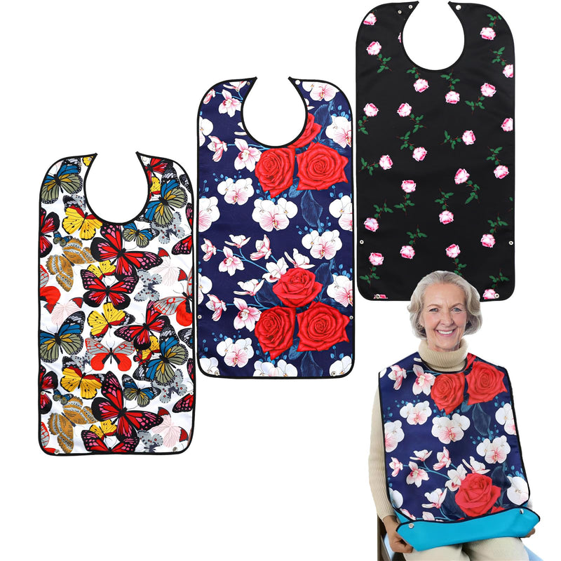 [Australia] - 3 Pack Adult Bibs for Women, Reusable Adult Bibs for Eating with Optional Crumb Catcher, Waterproof Washable Dining Clothing Protector, Gifts for Women/Mom Flower Butterfly Pink Flower 