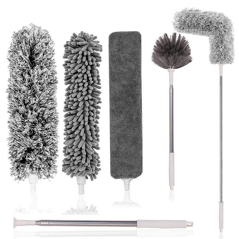 [Australia] - Microfiber Feather Duster 5-in-1 Kit, Dusters for Cleaning, Duster with Extension Pole 100 Inches, Cobweb Duster, Microfiber Dusters for High Ceilings and Fans, Blinds, Cars and Furniture A Gray 