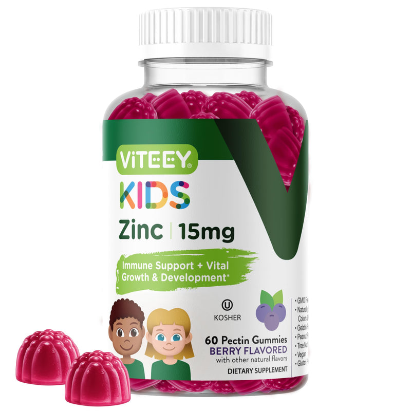 Viteey Zinc for Kids Gummies - 15mg - Tasty Chewable Berry Flavor Gummy | Immune Support - Powerful Natural Antioxidant, Kids Zinc Vitamin Supplement - Vegan, Gelatin Free, Gluten Free - 60 Count 60 Count (Pack of 1)
