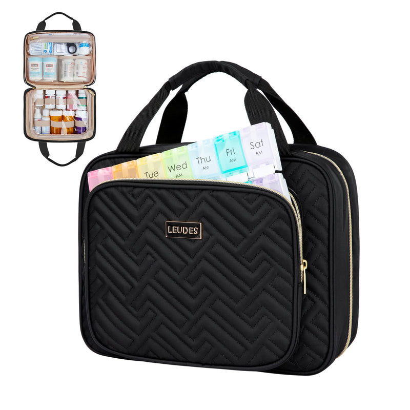 Leudes Travel Pill Bottle Organizer,Medicine Organizer and Storage,Home Medication Bag, Cases,Carrier for Pills,Vitamin,Fish Oil,Supplements for Women and Men (Medium, Black) | Portable Pill Travel Case with PVC Pocket for Vitamin,Fish Oil Empty Medica...