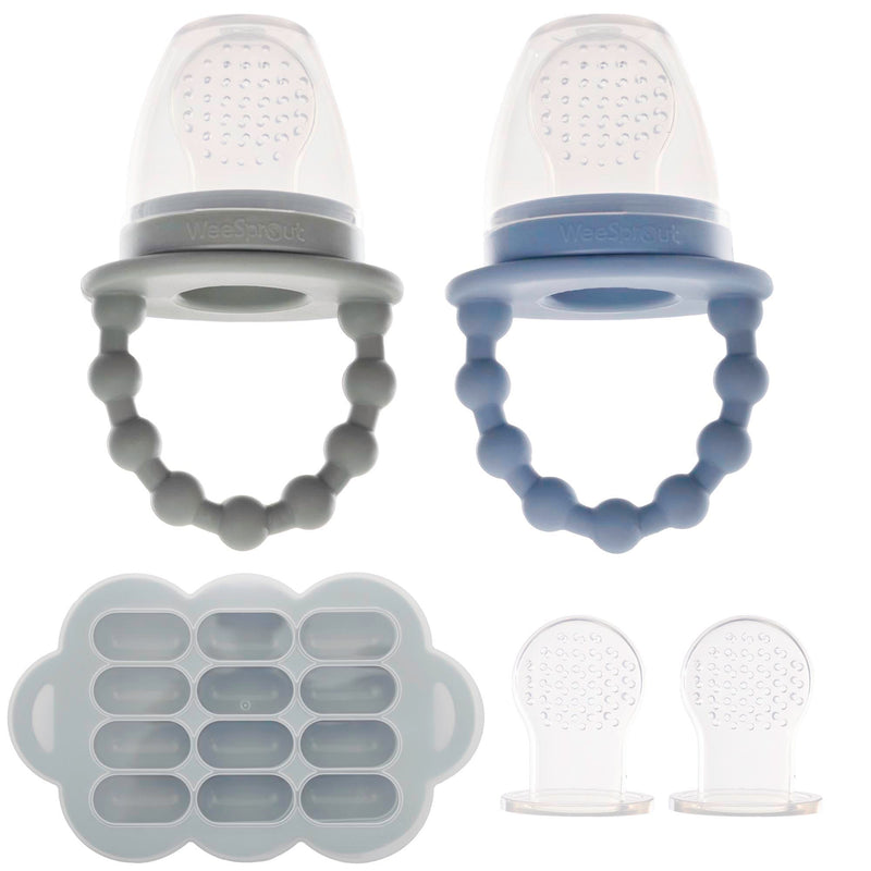 [Australia] - WeeSprout Silicone Baby Food Feeders + Freezer Tray for Batch Prep, Set of 2, Introduce New Foods Safely, Double as Teething Toys, Includes 2 Extra Pouches & Travel Lids, Dishwasher Safe Matte Blue/Green + Matte Green Tray 