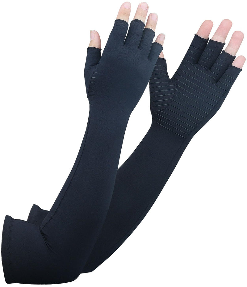 [Australia] - Long Arthritis Compression Gloves for Women Men, Copper Gloves for Joint Pain Relief, Swelling, RSI, Fingerless Carpal Tunnel Glove for Work, Computer Typing, Support Hands, Wrist and Arms (Large) Large Black 
