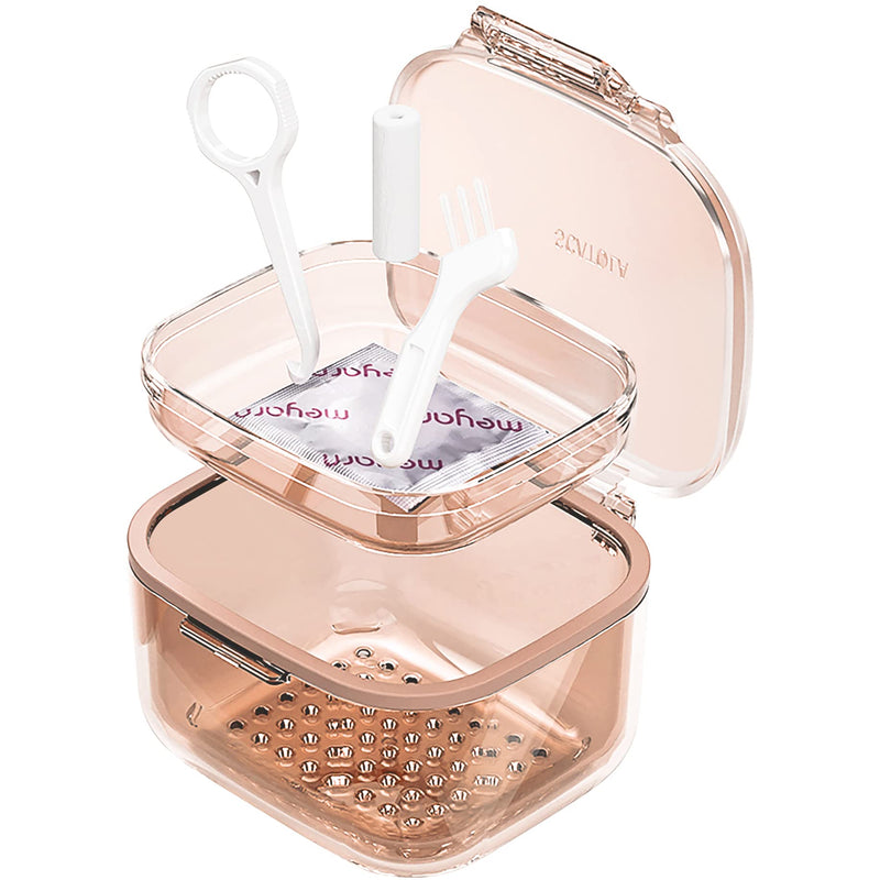 [Australia] - Retainer Case, Retainer Cleaner Case, Unique Denture Bath with Drain Tray, Suitable for Dentures, Denture Bridges, Partial Dentures, Traditional Braces, Etc. (Orange) 