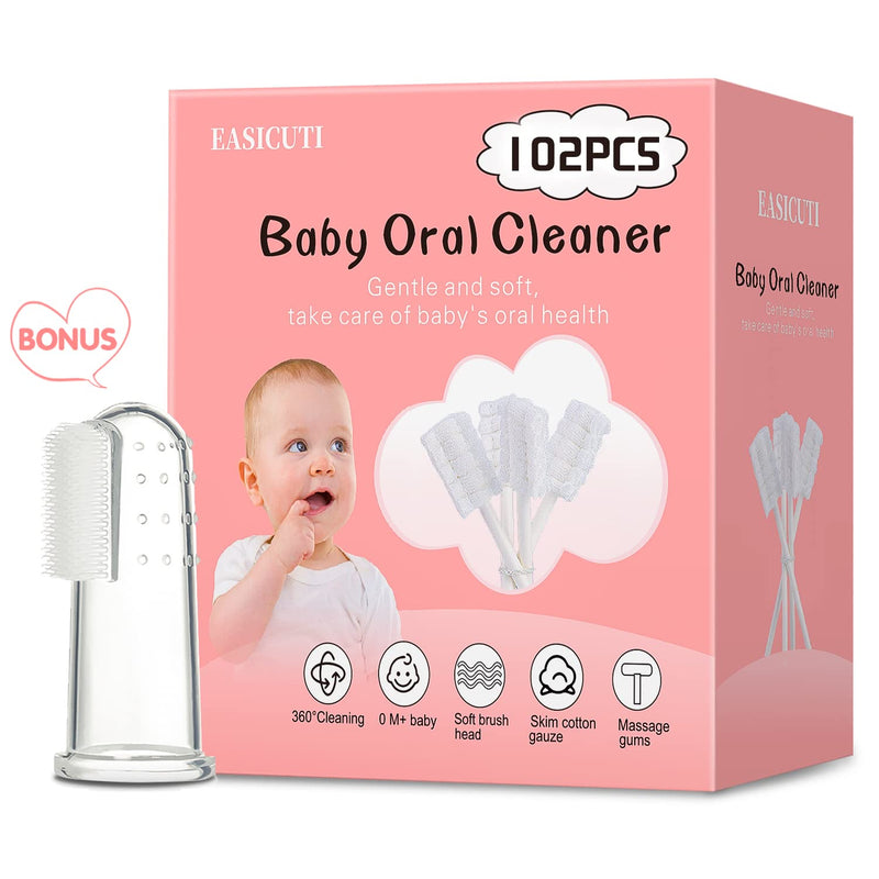 102PCS Baby Tongue Cleaner, Newborn Baby Oral Cleaner, Disposable Infant Gum Cleaner, Gauze Dental Care for 0-36 Months + 1 Finger Toothbrush with Case 1 Count (Pack of 102)