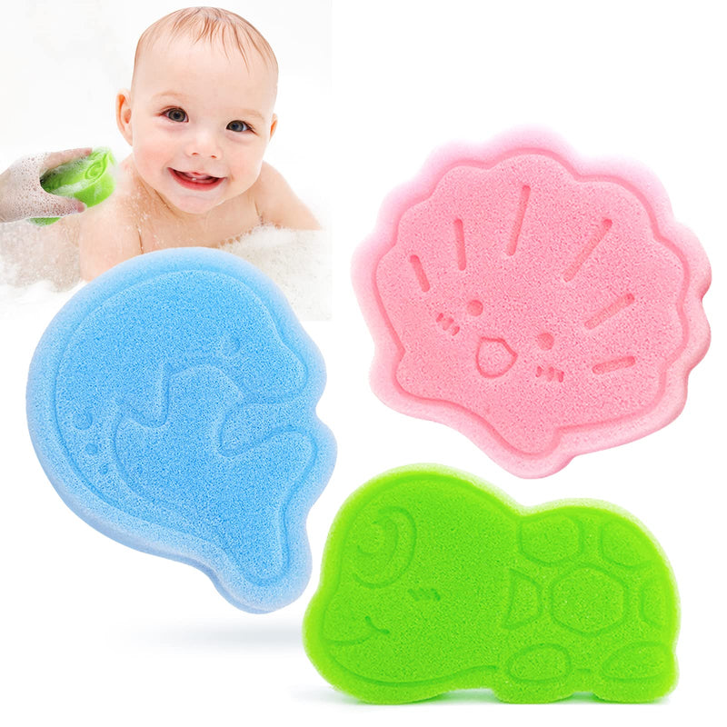 [Australia] - Baby Bath Sponge, Natural Cute Shapes Soft Shower Sponges for Bathing, Bathtub Foam for Infants and Toddler, 3pcs : Blue Dolphin, Pink Shell, Green Turtle 
