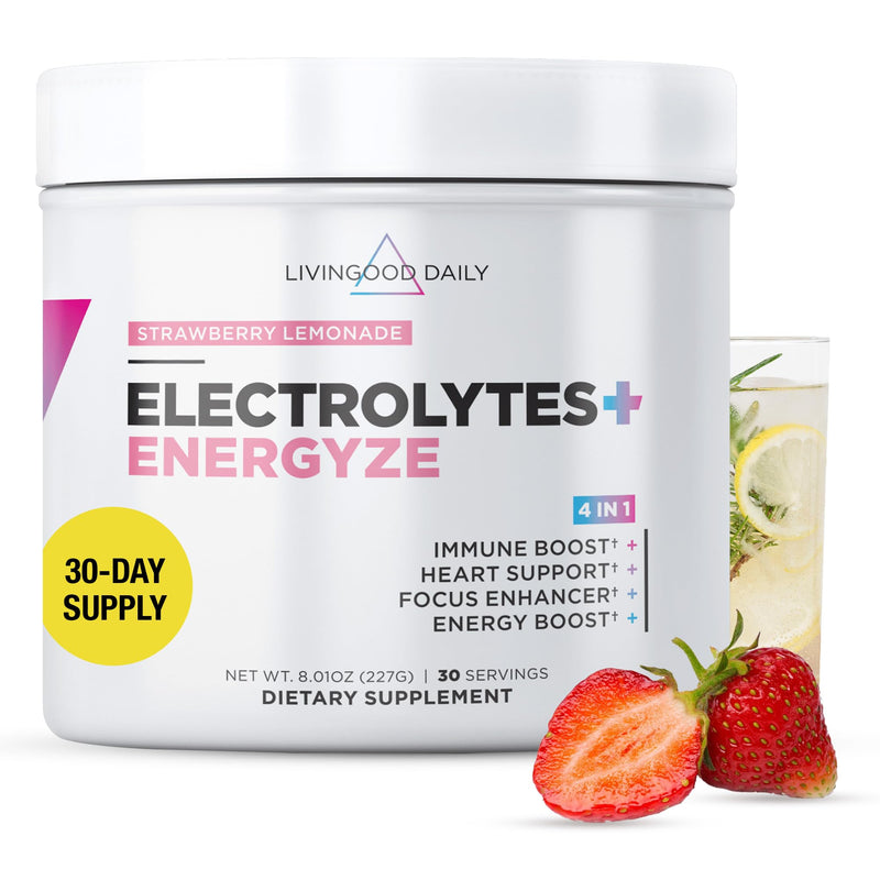 Livingood Daily Sugar Free Electrolytes Powder, Strawberry Lemonade, 30 SRV | 4-in-1 Hydration Formula, D-Ribose, L-Tyrosine, Taurine, Vitamin C and Quercetin, Electrolyte Drink Mix, Keto, Made in USA