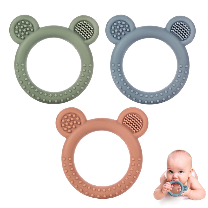 [Australia] - Baby Teething Toys for Babies 0-6 Months Set of 3, Baby Toys 6 to 12 Months, BPA Free Soft and Textured Bear Ring Silicone Teether Relief Soothing Sore Gums Chew Infant Toys 