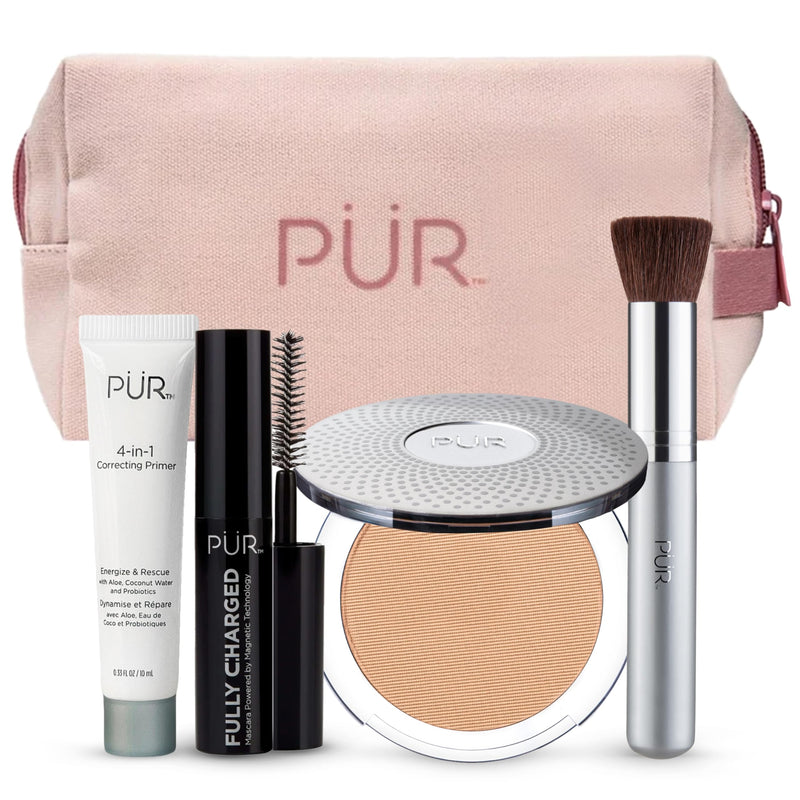 [Australia] - PÜR Minerals Multitasking Essentials Kit - Makeup Gift Set Includes 4-in-1 Correcting Primer, Fully Charged Mascara, 4-in-1 Pressed Mineral Powder & 1 Chisel Brush MN5/Golden Medium 