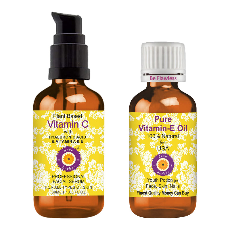 dève herbes Plant Based Vitamin C Face Serum with Hyaluronic Acid & Vitamin A & E for Personal Care 30ml (1 oz) + Pure Vitamin E Oil 30ml (1 oz)