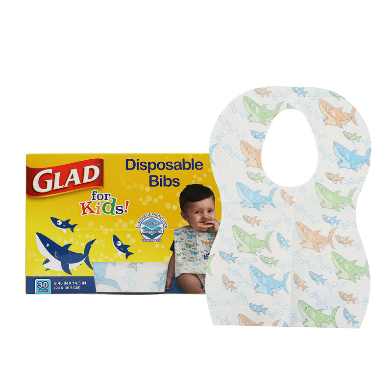 [Australia] - Glad for Kids Sharks Paper Bibs, 30 Count - Disposable Paper Bibs with Cute Sharks Design for Kids - Travel Bibs for Kids - Art & Craft Disposable Kids Bibs 30 Count (Pack of 1) 