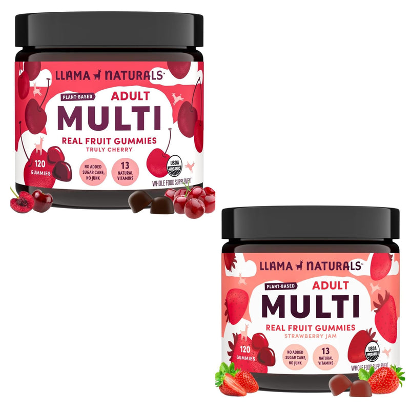 Llama Naturals Multivitamin for Women & Men, Vegan, Organic Gummies with Vitamin D, C & K, Adults Real Fruit Gummy Vitamins, Cherry and Strawberry, 120 Ct