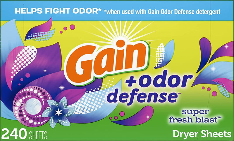 [Australia] - Gain + Odor Defense Dryer Sheets, Super Fresh Blast Scent Fabric Softener Sheets, 240 ct 240 Count (Pack of 1) 