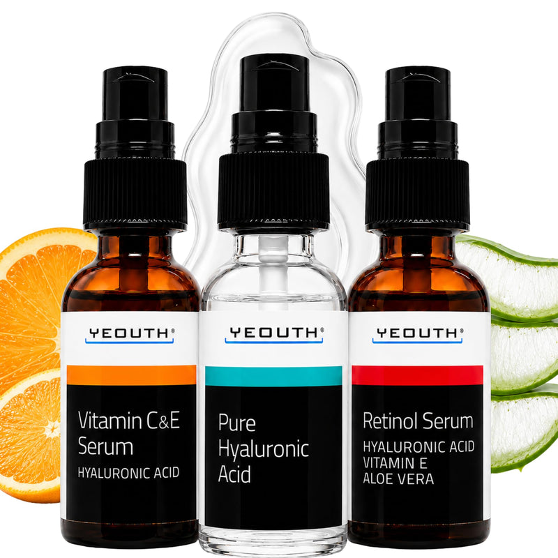 YEOUTH Skincare Set for Appearance of Uneven Skin Tone and Dryness, 3x1oz | Face Serum Set with Retinol, Vitamin C, and Pure Hyaluronic Acid Serum for a Complete Day and Night Routine 3-pack Retinol, HA, Vit C Pack