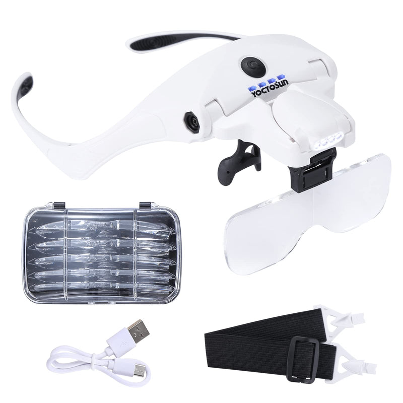 [Australia] - YOCTOSUN Magnifying Glasses with 4 LED Lights, Headband Magnifier with 5 Detachable Lenses 1X, 1.5X, 2X, 2.5X 3.5X -Rechargeable Hands Free Lighted Head Magnifier Glass for Crafts, Cross Stitch, Hobby White 
