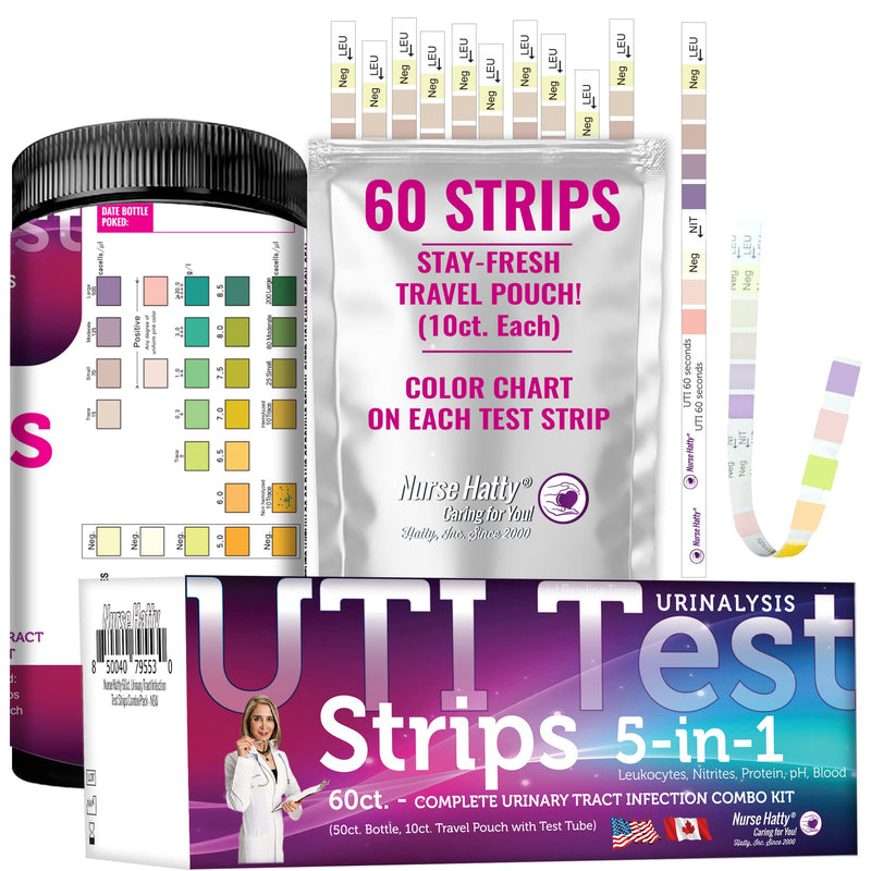 [Australia] - Nurse Hatty - 5in1 60ct. UTI Test Strips KIT - Urinary Tract Infection Test Strips - Easy to Read Color Chart on Strip - Urinalysis Test to Analyze Leukocytes, Nitrite, pH, Protein, and Blood 