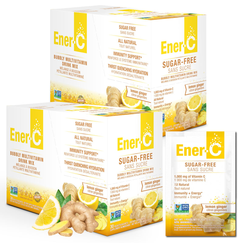 Ener-C Sugar Free Multivitamin Drink Mix - Lemon Ginger, 60 Count | Vitamin Powder for Water, Electrolytes Powder No Sugar, Hydration Boost Packets, Zero Sugar, Vitamin C & B12 Sugar Free Lemon Ginger 9.2 Ounce (Pack of 2)