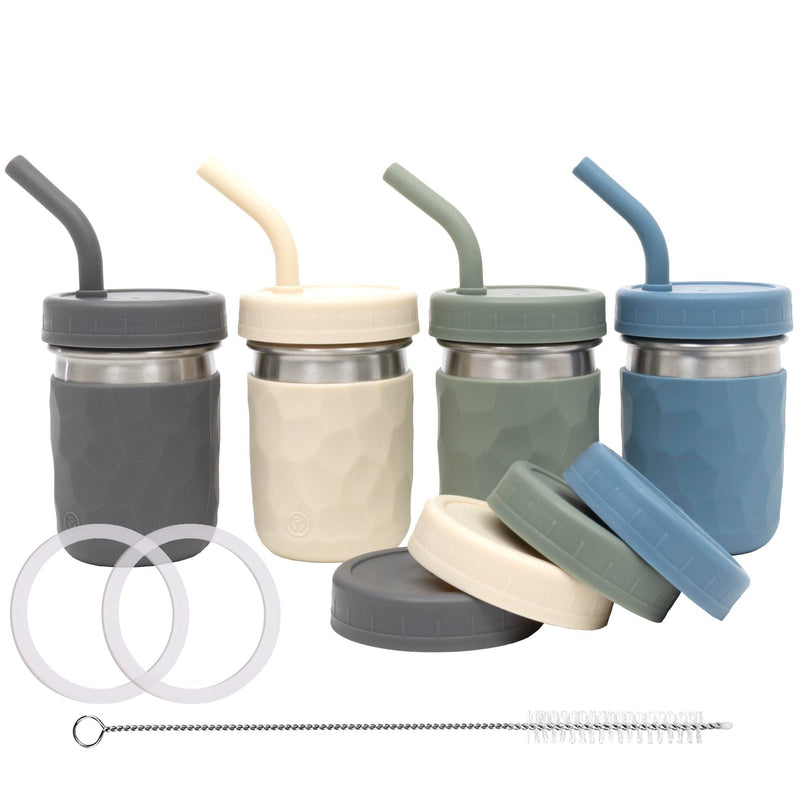 [Australia] - WeeSprout 2-in-1 Drinking Cups for Kids, Durable Stainless Steel Tumbler for Smoothies, Silicone Straws with Stoppers, Premium Plastic Twist Lids, Easy-Grip Sleeves, Set of 4 Dishwasher Safe Kid Cups 8 oz Matte Green, Off White, Blue and Dark Gray 