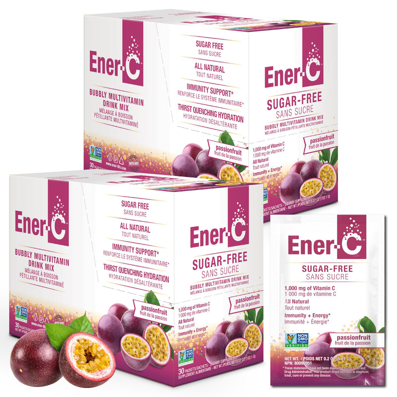 Ener-C Sugar Free Multivitamin Drink Mix - Passionfruit, 60 Count | Vitamin Powder for Water, Electrolytes Powder No Sugar, Hydration Boost Packets, Zero Sugar, Vitamin C & B12 Passion Fruit 9.2 Ounce (Pack of 2)