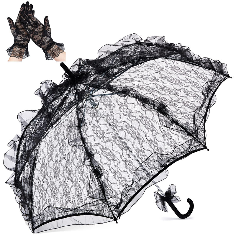 Lace Parasol Umbrella and Lace Gloves Set Wedding Bridal Umbrella for Decoration Tea Party Costume 31.5 Inch Adult Size Black
