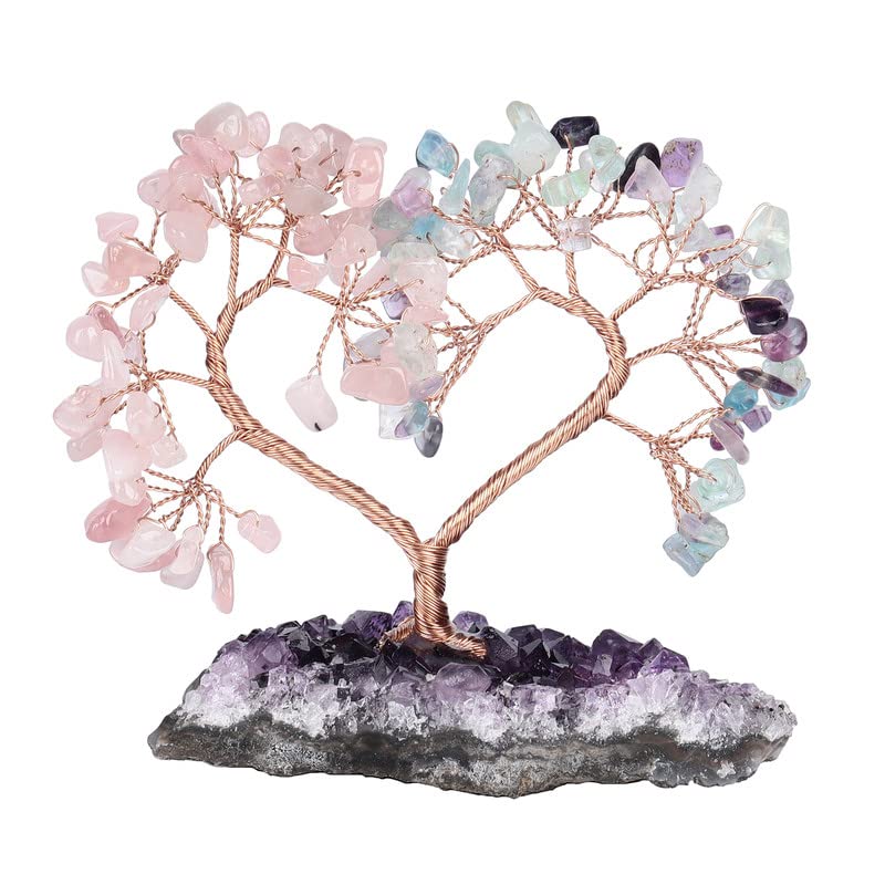 Handmade Crystal Heart Tree of Life on Amethyst Cluster Base Money Stone Tree for Wedding Reiki Healing Energy Home Office Indoor Decor, Rose Quartz and Fluorite #1- Rose Quartz & Fluorite