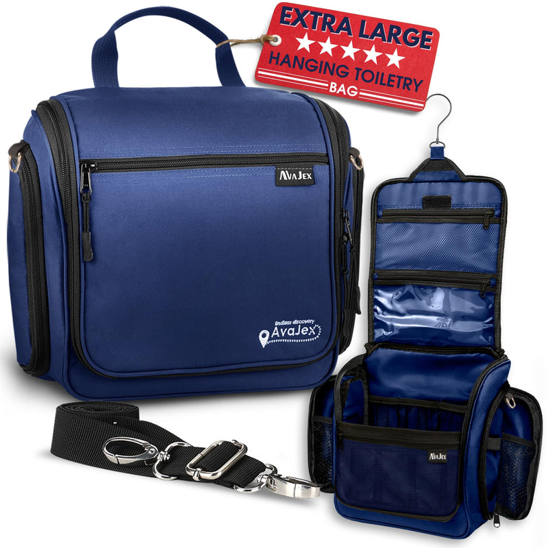Extra Large (11.8”x11.8”x4”) Hanging Travel Toiletry Bag for Men and Women - Cosmetic Travel Bag With Shoulder Strap - Waterproof Hygiene Bag with Metal Swivel Hook and 19 Compartments for Toiletries XXL Navy Blue