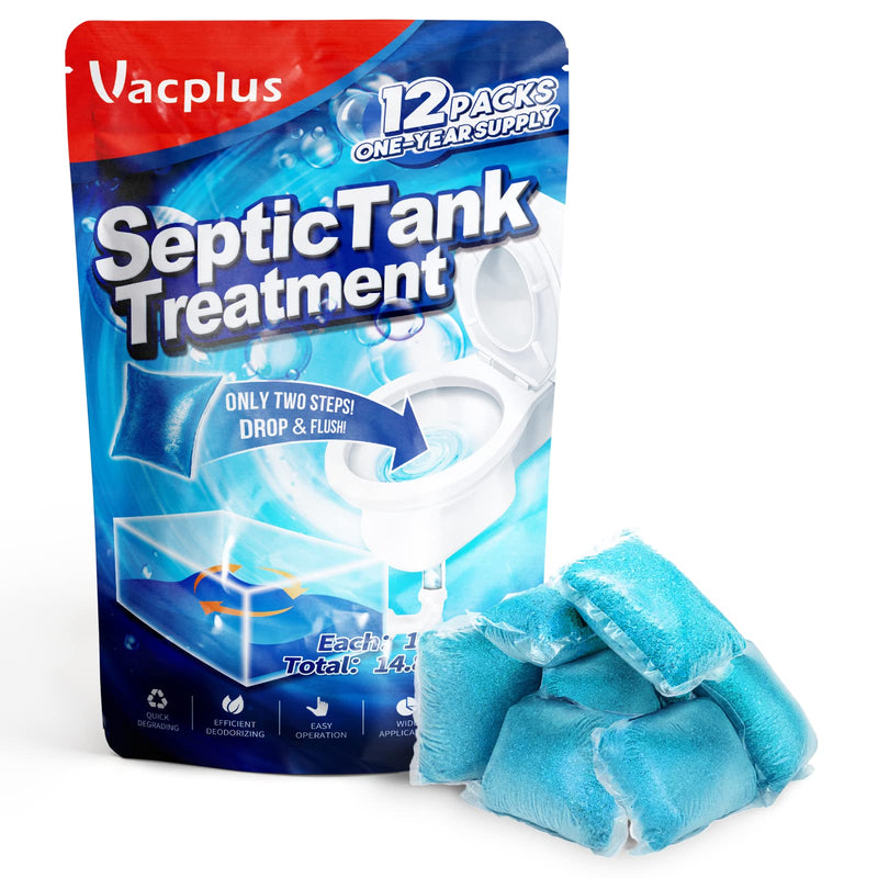 [Australia] - Vacplus Septic Tank Treatment 12 Pcs for 1-Year Supply, Dissolvable Packs with Easy Operation, Durable Biodegradable Enzymes for Wastes, Greases & Odors Blue(2X efficiency) 