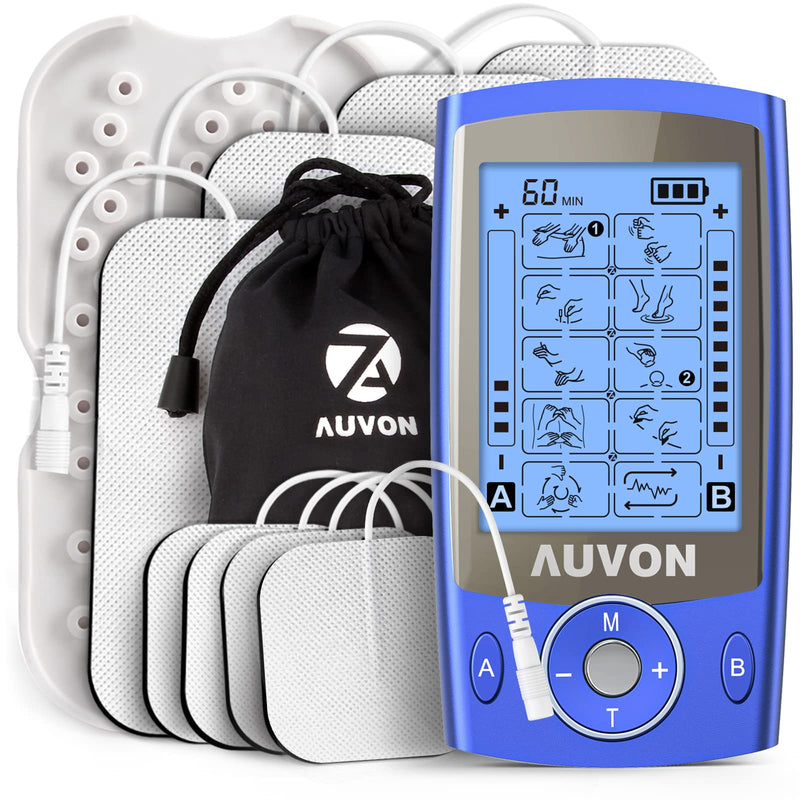 AUVON Dual Channel TENS Unit Muscle Stimulator Machine with 20 Modes, 2" and 2"x4" TENS Unit Electrode Pads Blue