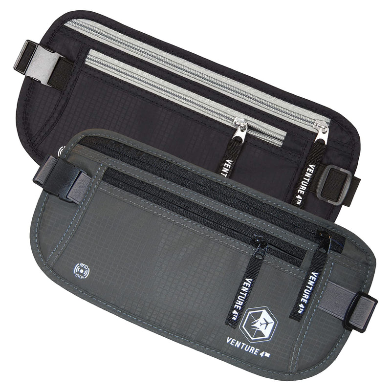 VENTURE 4TH Travel Money Belt Bundle Black and Gray - Slim Passport Holder RFID Blocking Travel Pouch to Protect Cash, Credit Cards and Travel Documents