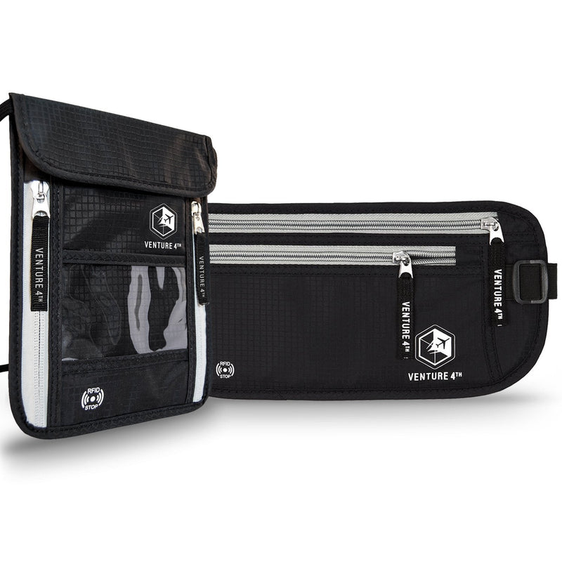 Travel Money Belt and Neck Pouch Bundle - RFID Blocking Technology to Keep your Cash, Credit Cards, Passports and Phone Safe