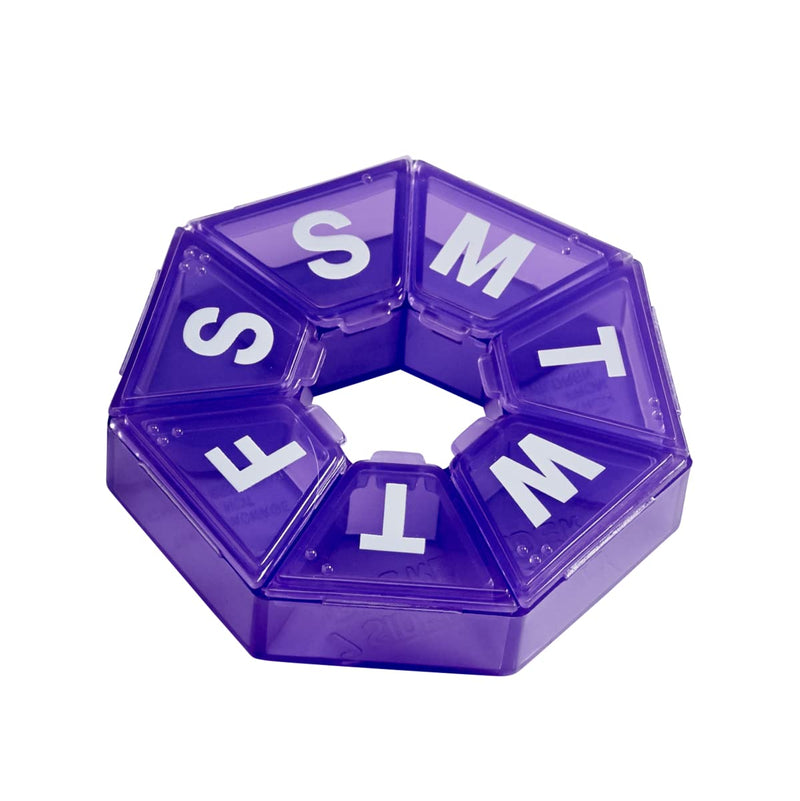 Ezy Dose Weekly (7-Day) Pill Organizer, 7-Sided Medicine Planner, Purple | Compact Daily Round Vitamin & Supplement Medicine Case, Convenient and Easy to Use, Travel-Friendly Container, BPA-Free